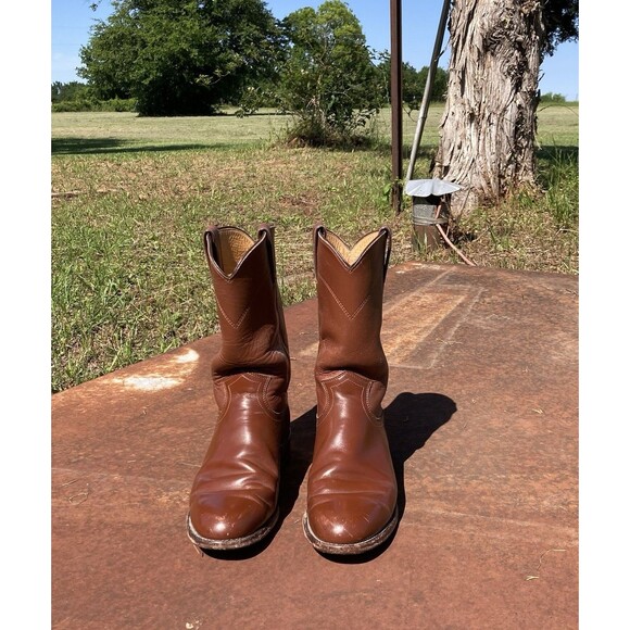 Justin Boots Shoes - 90s Justin Roper Womens 7B Brown Leather Cowboy Western Boots L3802 Cognac Vtg